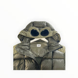 Secondstore C.P. Company olive green quilted down jacket with signature goggle hood and front zip closure.