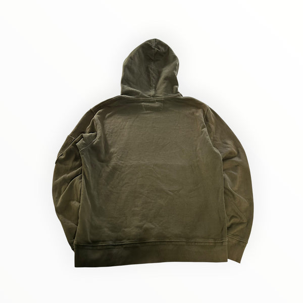 Back view of a Secondstore C.P. Company olive-khaki cotton jersey hooded sweatshirt with ribbed hem and cuffs.