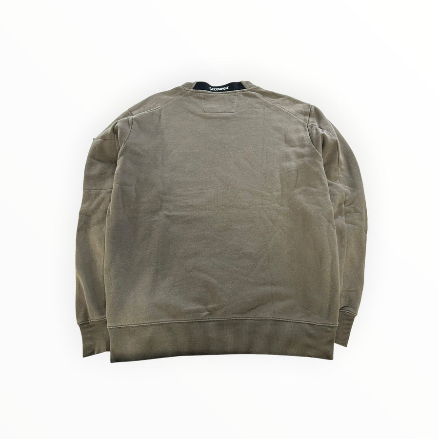 Secondstore C.P. Company olive-khaki cotton crewneck sweatshirt, back view showing ribbed hem and neck branding.