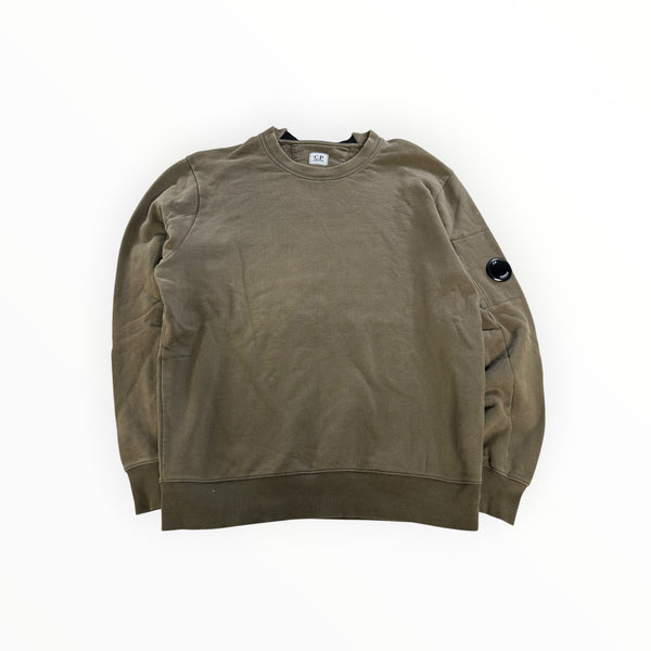 Secondstore C.P. Company olive-khaki cotton crewneck sweatshirt with signature lens utility pocket on the sleeve.