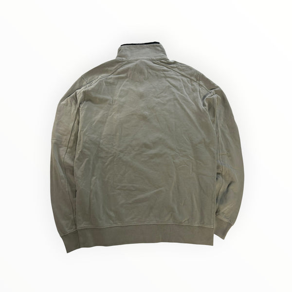 Back view of a Secondstore C.P. Company sage-grey cotton quarter-zip sweatshirt with ribbed hem and cuffs.