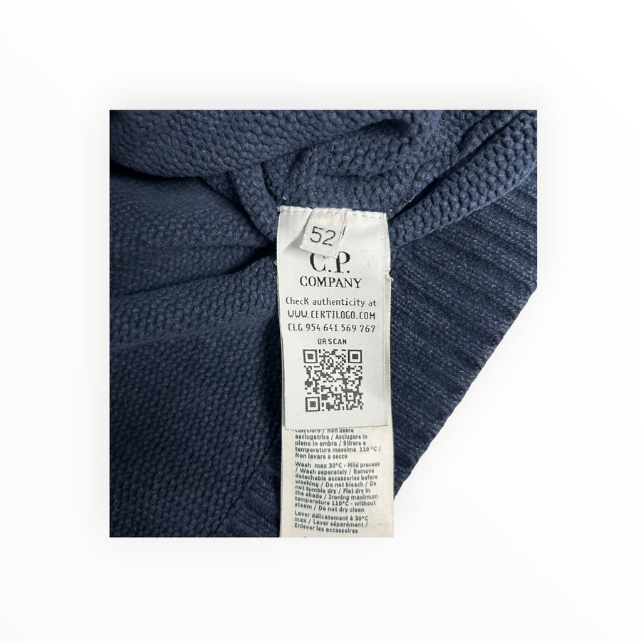 Secondstore C.P. Company navy ribbed knit sweater interior authenticity label with size 52 and QR code