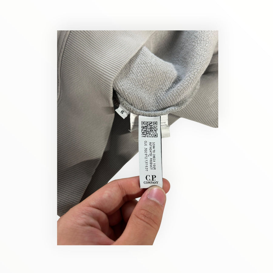 Secondstore C.P. Company grey cotton sweatshirt interior label with QR code for authenticity verification