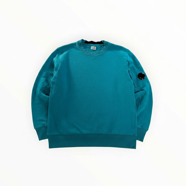 Secondstore C.P. Company turquoise cotton crewneck sweatshirt with signature lens detail on the left sleeve.