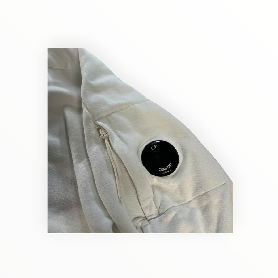Secondstore C.P. Company white cotton hooded sweatshirt featuring the iconic black lens detail on the sleeve pocket.