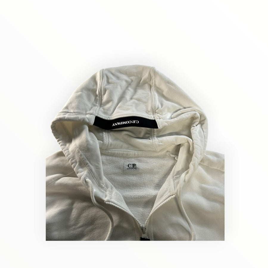 Secondstore C.P. Company white cotton zip-up hoodie with adjustable drawstring hood and branded inner neck tape