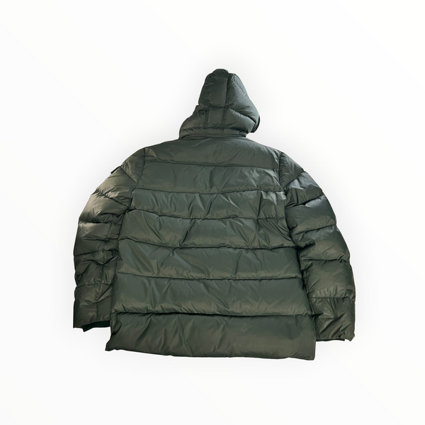 Doudoune matelassée vert foncé Secondstore avec capuche, vue arrière, idéale pour l'hiver.