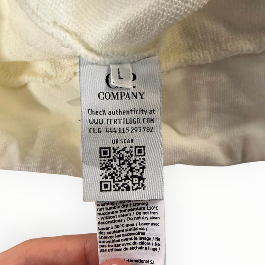 Étiquette d'authenticité blanche Secondstore pour sweat à capuche C.P. Company avec code QR et instructions de lavage