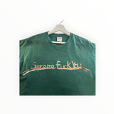 Secondstore forest green cotton t-shirt with a bold graphic print on the chest and a classic crew neck design.