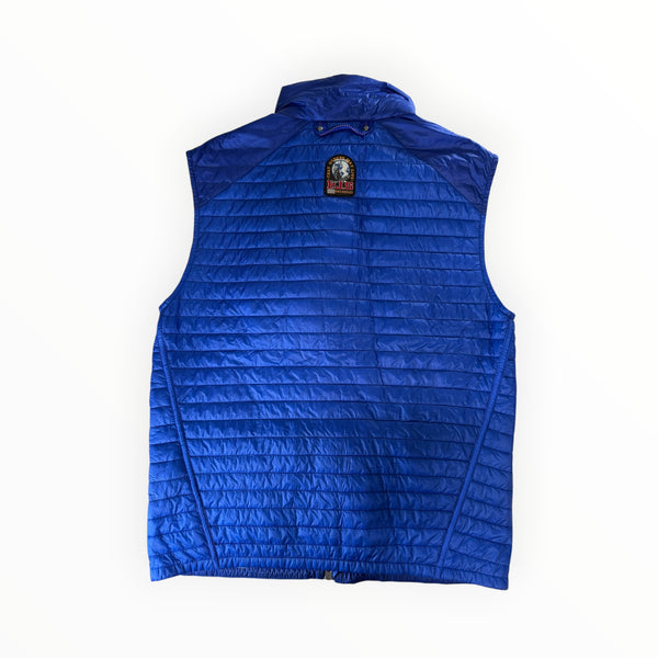 Vue arrière du gilet sans manches Secondstore Parajumpers bleu électrique matelassé avec écusson logo au col
