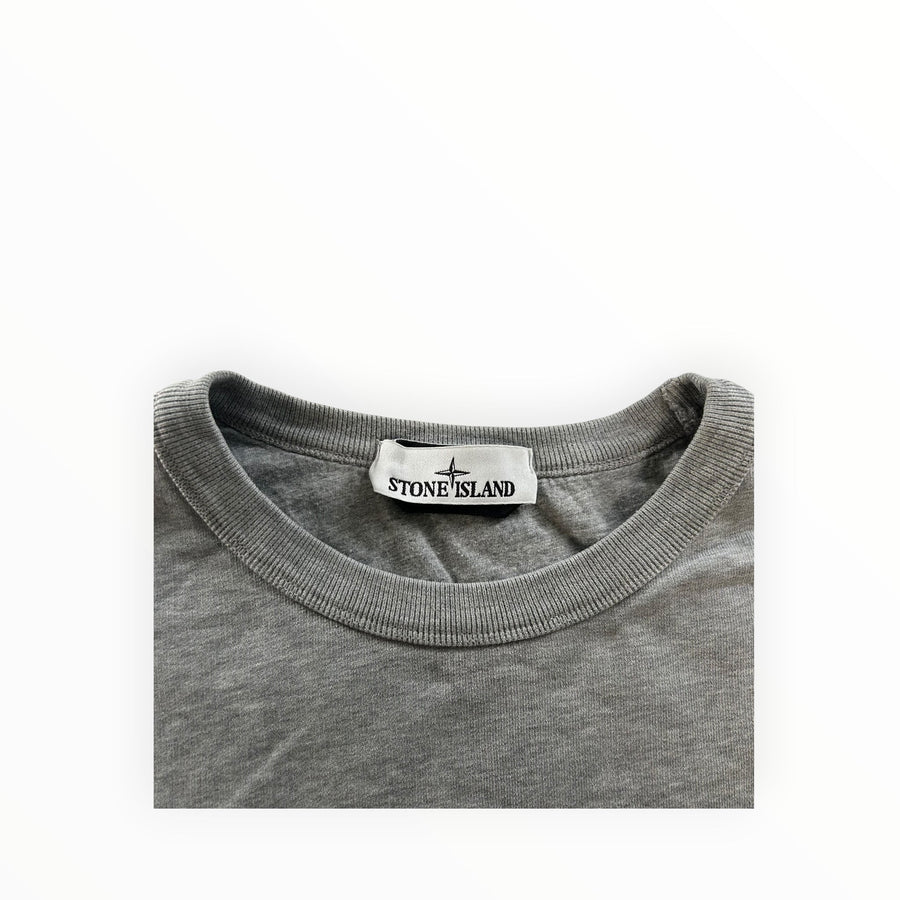 Secondstore grey Stone Island crewneck sweatshirt featuring a ribbed collar and internal brand logo label