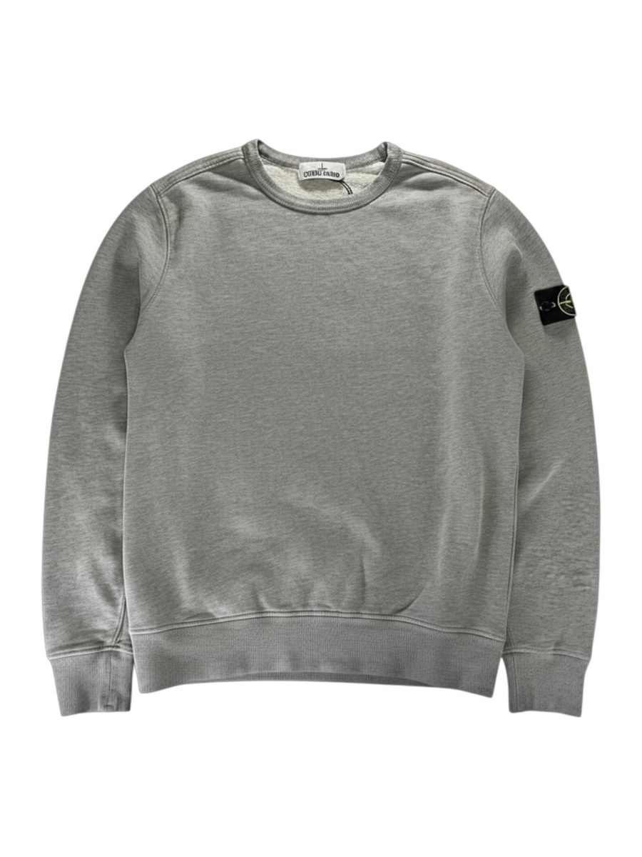 Secondstore grey Stone Island crewneck sweatshirt in cotton fleece with signature compass patch on the left sleeve.