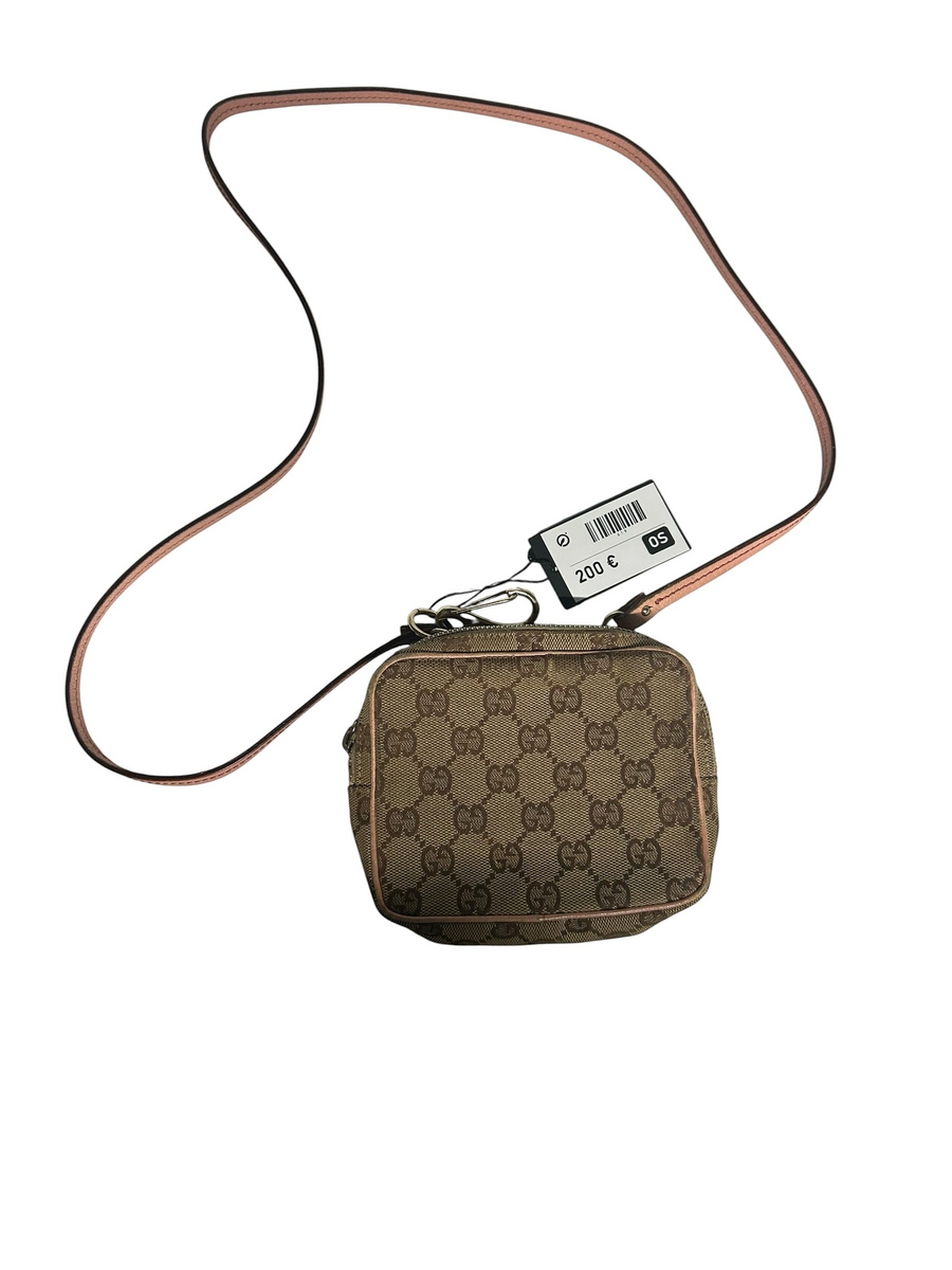 Secondstore Gucci monogram canvas crossbody bag with pink leather trim and adjustable shoulder strap