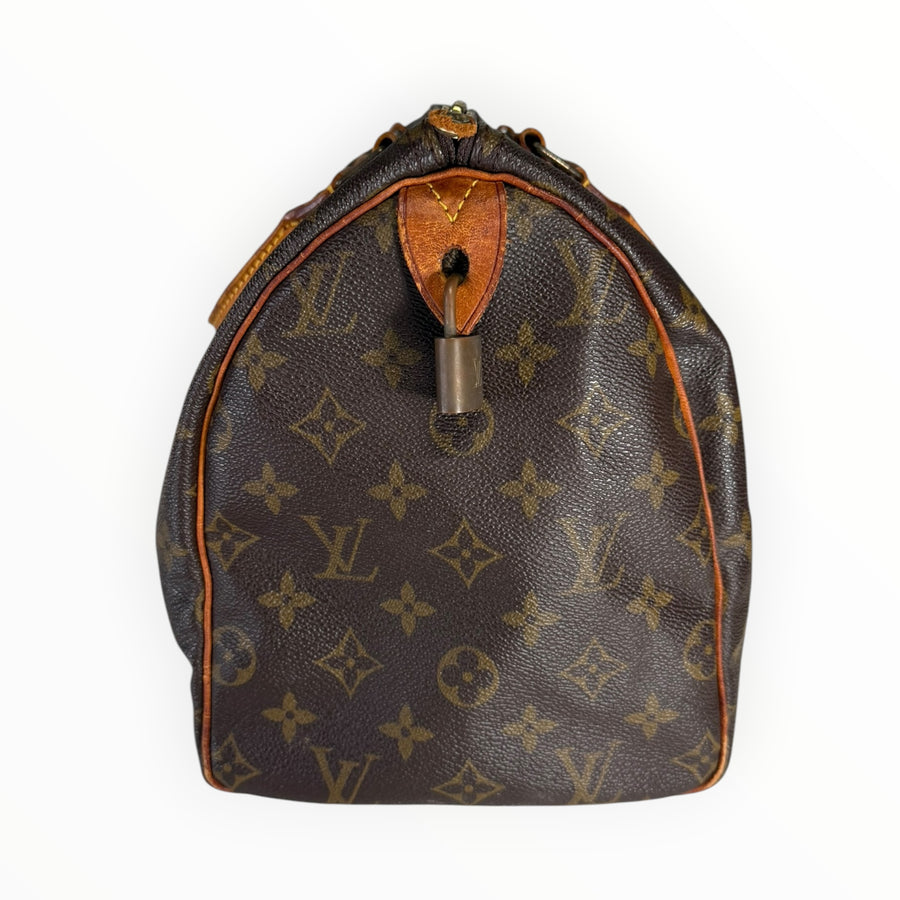 Sac à main Secondstore Louis Vuitton Speedy en toile Monogram marron avec garnitures en cuir et cadenas doré