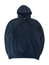 Secondstore navy Stone Island cotton fleece hoodie with iconic compass patch on the sleeve and kangaroo pocket.
