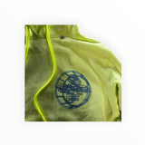 Secondstore Off-White Rationalism hoodie in neon yellow cotton with blue circular graphic print on the chest