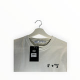 Secondstore Off-White cotton crewneck t-shirt in off-white with small black logo embroidery on a white hanger