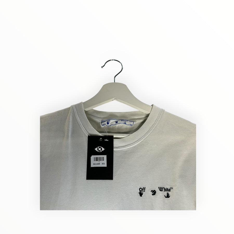Secondstore Off-White cotton crewneck t-shirt in off-white with small black logo embroidery on a white hanger
