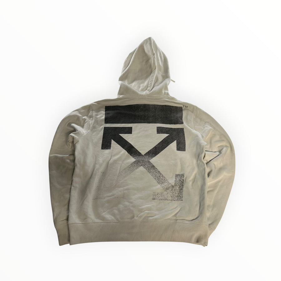 Secondstore off-white cotton hoodie featuring a distressed black arrow graphic on the back and an adjustable hood.