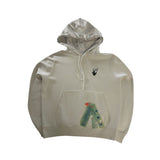 Secondstore off-white cotton hoodie with front logo, drawstring hood, kangaroo pocket, and attached brand tag