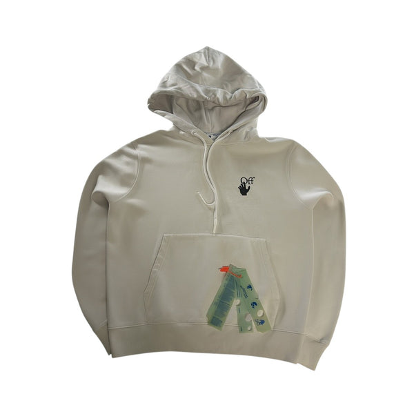 Secondstore off-white cotton hoodie with front logo, drawstring hood, kangaroo pocket, and attached brand tag