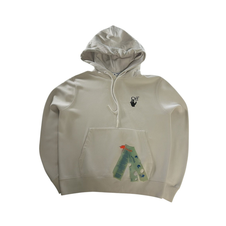 Secondstore off-white cotton hoodie with front logo, drawstring hood, kangaroo pocket, and attached brand tag