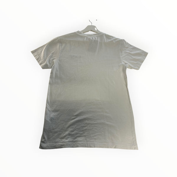 Secondstore off-white cotton crewneck t-shirt seen from the back on a hanger