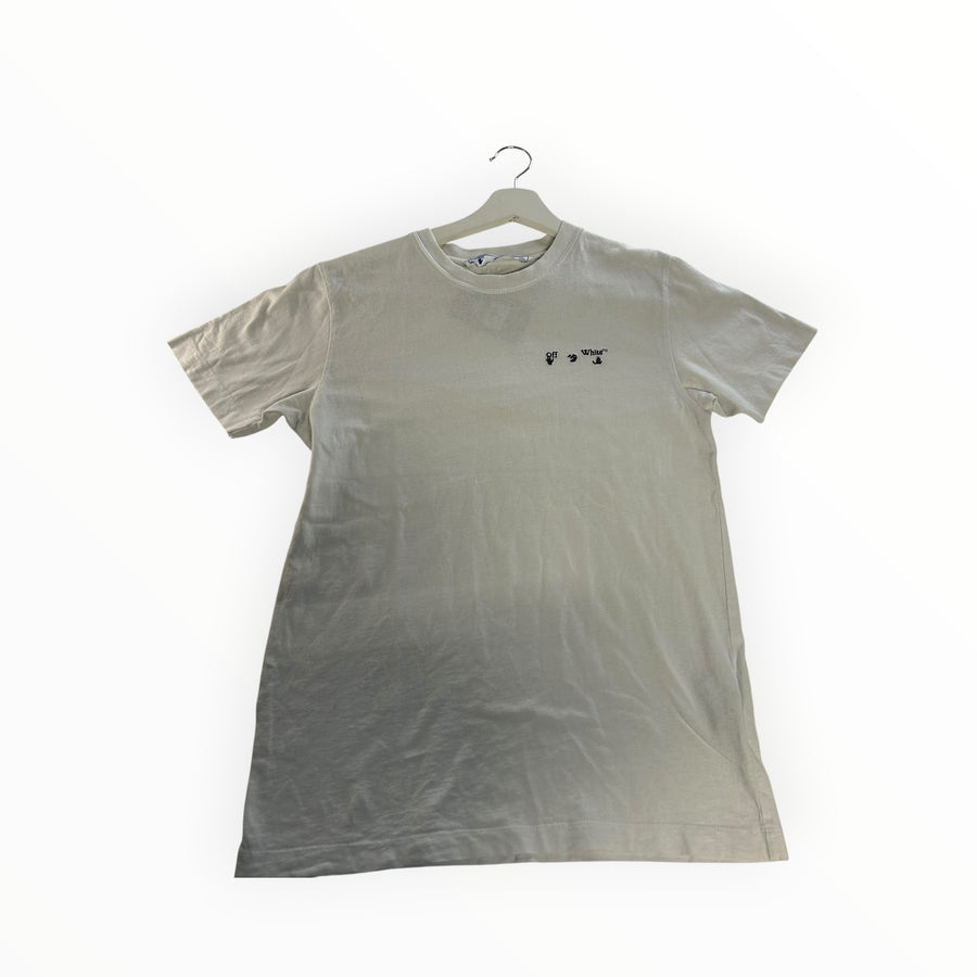 Secondstore off-white cotton crewneck t-shirt with small black chest logo embroidery on a white hanger