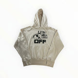Secondstore off-white cotton hoodie featuring a black graphic of a bulldozer and the brand logo on the chest