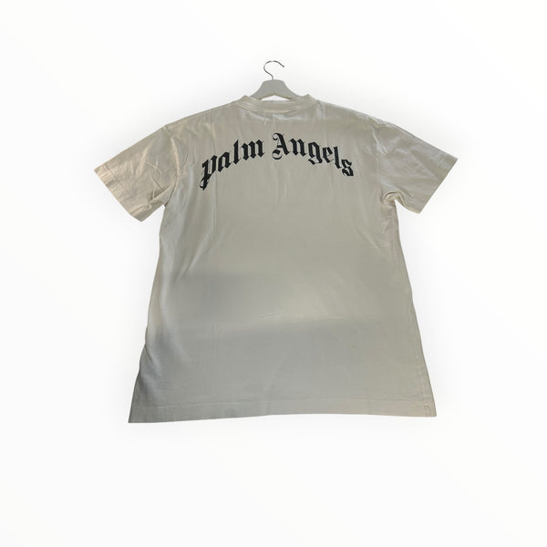 Secondstore off-white cotton t-shirt with black gothic Palm Angels logo lettering on the back