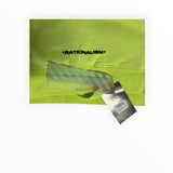 Secondstore Off-White Rationalism hoodie in neon yellow cotton with black graphic print and original brand tags