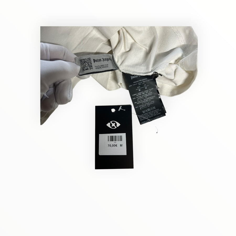 Secondstore Palm Angels off-white cotton t-shirt interior care label and authentic product QR code tag
