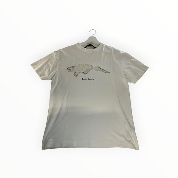 Secondstore off-white Palm Angels cotton t-shirt featuring a distressed crocodile graphic and logo on the chest.