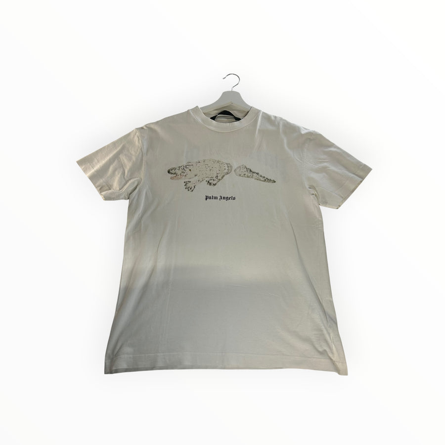 Secondstore off-white Palm Angels cotton t-shirt featuring a distressed crocodile graphic and logo on the chest.