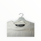 Secondstore off-white Palm Angels cotton t-shirt featuring a black branded neck label on a white hanger.