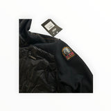 Secondstore Parajumpers black hybrid hooded jacket with quilted front, textured mesh sleeves, and signature logo patch.
