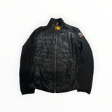 Secondstore PARAJUMPERS black hybrid zip-up jacket with quilted nylon front, knit sleeves, and signature neck strap.