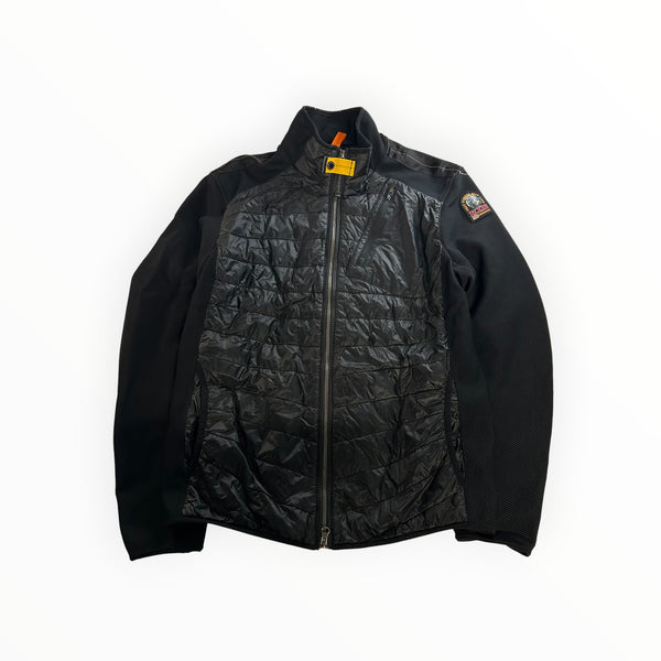 Secondstore PARAJUMPERS black hybrid zip-up jacket with quilted nylon front, knit sleeves, and signature neck strap.