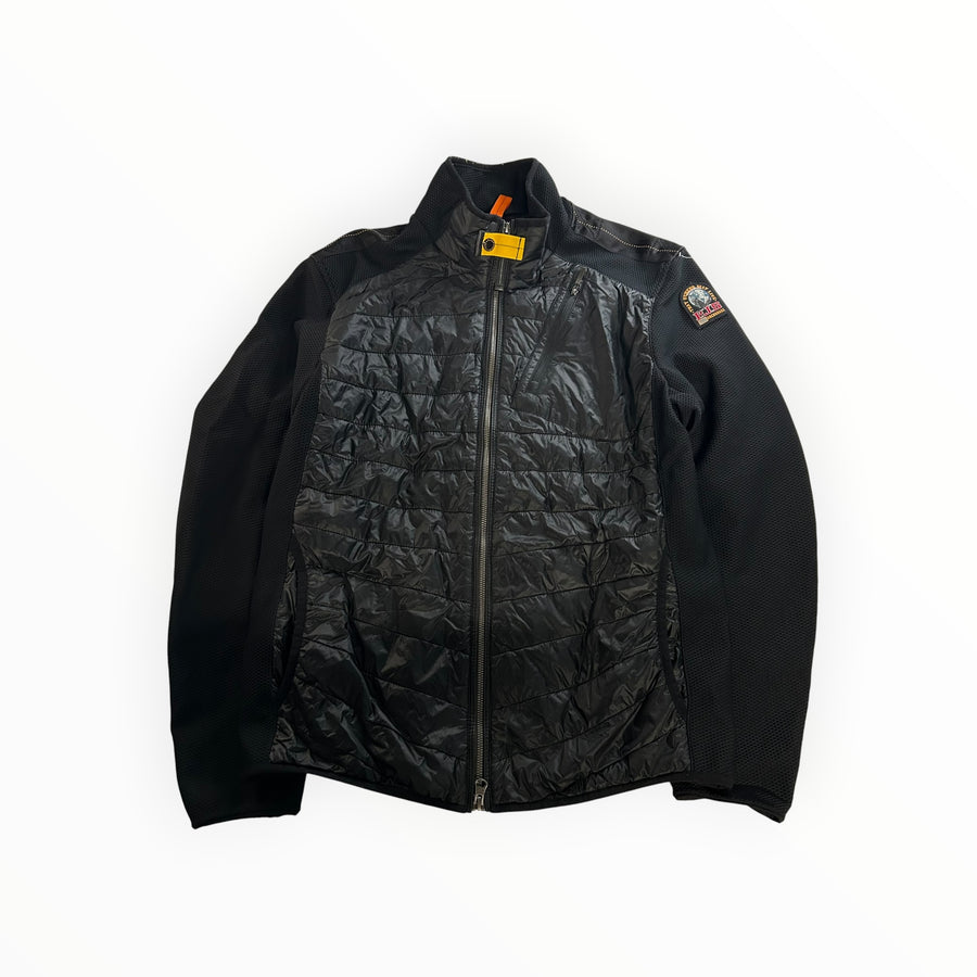 Secondstore PARAJUMPERS black hybrid zip-up jacket with quilted nylon front, knit sleeves, and signature neck strap.