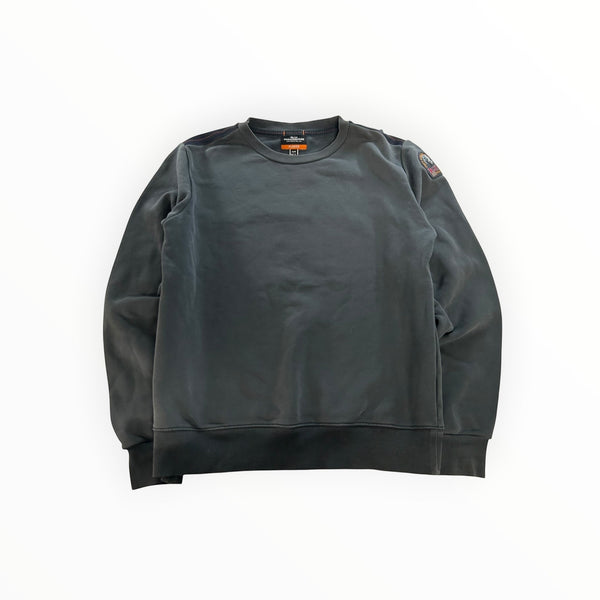 Secondstore Parajumpers charcoal grey crewneck sweatshirt in soft fleece with sleeve patch and ribbed trim details.