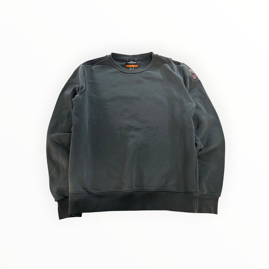 Secondstore Parajumpers charcoal grey crewneck sweatshirt in soft fleece with sleeve patch and ribbed trim details.