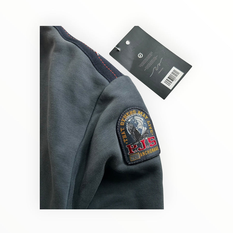 Secondstore Parajumpers charcoal grey crewneck sweatshirt featuring an iconic sleeve patch and contrast shoulder detail