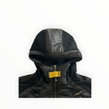 Secondstore black Parajumpers hybrid hooded jacket with technical mesh panels and iconic yellow neck strap detail.