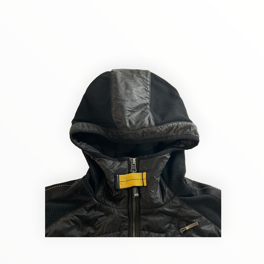 Secondstore black Parajumpers hybrid hooded jacket with technical mesh panels and iconic yellow neck strap detail.