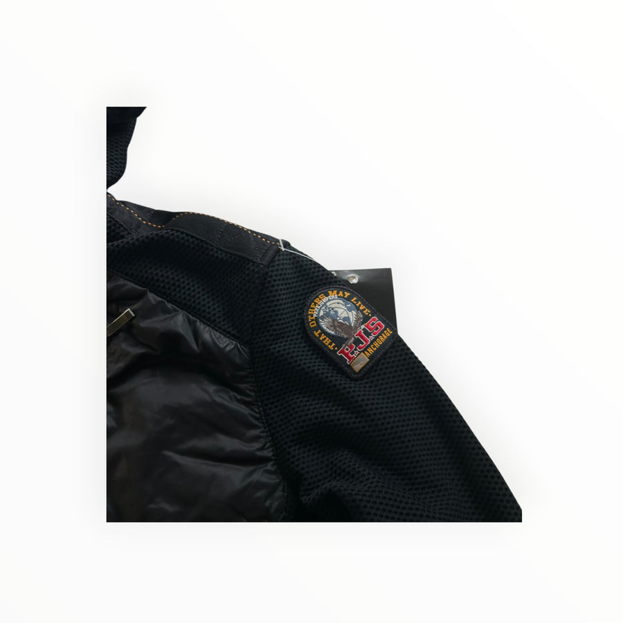 Secondstore Parajumpers black hybrid jacket featuring a technical mesh sleeve with the iconic PJS logo patch.