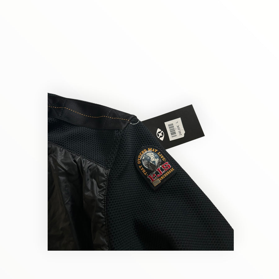 Secondstore Parajumpers hybrid jacket featuring black quilted nylon and textured knit fabric with iconic sleeve patch