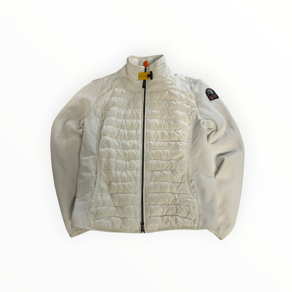 Veste hybride blanche Secondstore Parajumpers avec panneau matelassé, manches texturées et sangle de cou jaune.