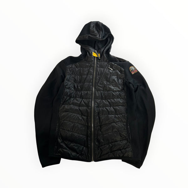 Veste hybride noire Secondstore Parajumpers avec capuche, panneau avant matelassé et manches en maille technique.