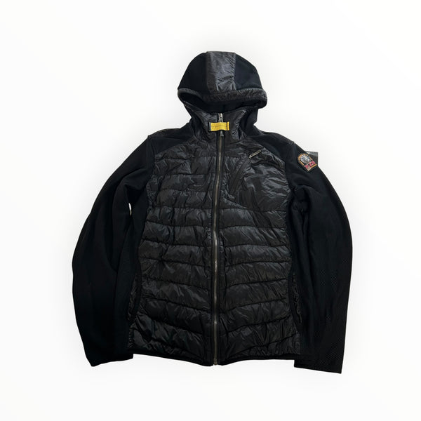 Veste hybride noire Secondstore Parajumpers avec capuche, panneaux matelassés et détails techniques sur les manches.