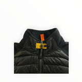 Veste hybride noire Secondstore Parajumpers avec col montant, fermeture éclair et sangle jaune emblématique.